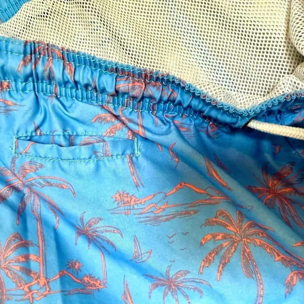 Men’s Swim Trunks Blue Pink Tropical Print Size L Mesh Lined Beach Shorts